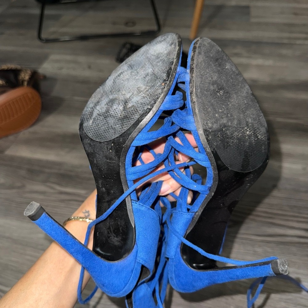 Zara Lace Up Heels Size 38 Blue Strappy Stiletto Sexy‎ Cage Sandals - Picture 5 of 6